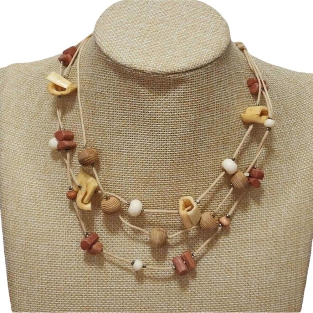 Treska Triple Strand Wood Bone‎ Ceramic Bead Boho Layered Necklace NWT